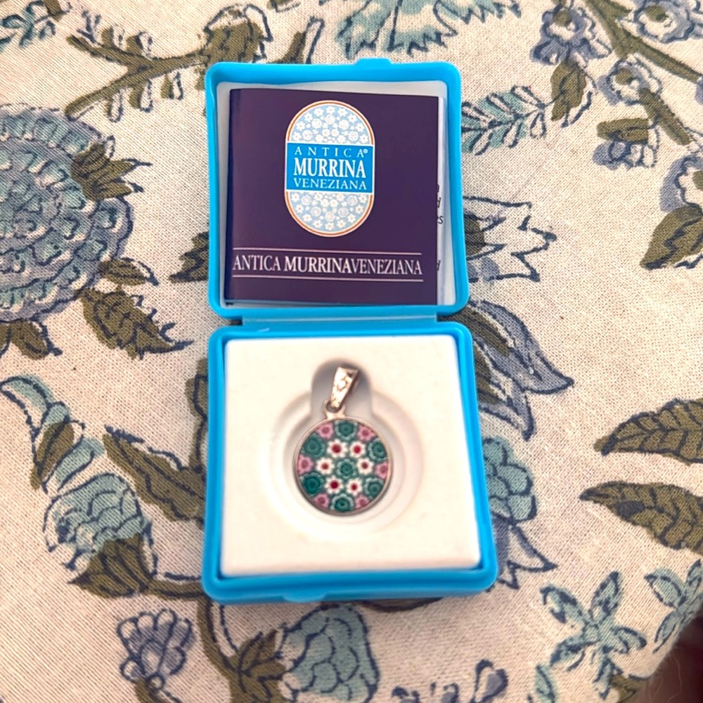 Venetian glass silver charm. Millefiori style.
